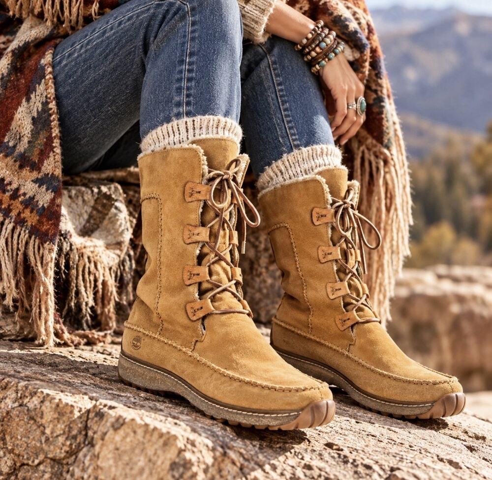 Timberland 96308 Women’s 9M Waterproof Suede Moc Toe Ghillie Lace Tall Boots Y2K